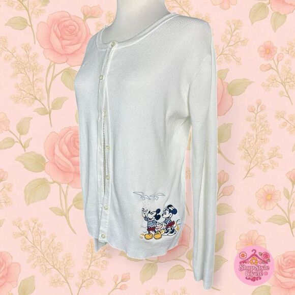 Vintage Disney Store Mickey & Minnie Embroidered White Cardigan - Size L - Picture 1 of 8